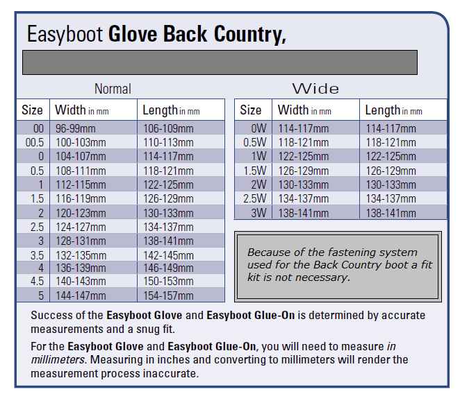 Back Country sizing chart