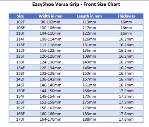 Versa Grip Light front sizing chart