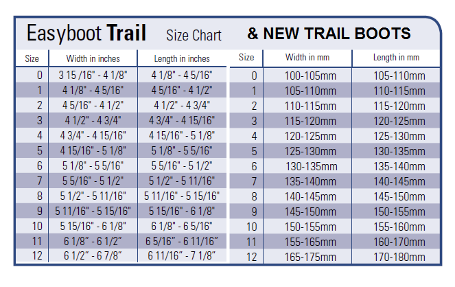Sizing Chart New Trail Boots